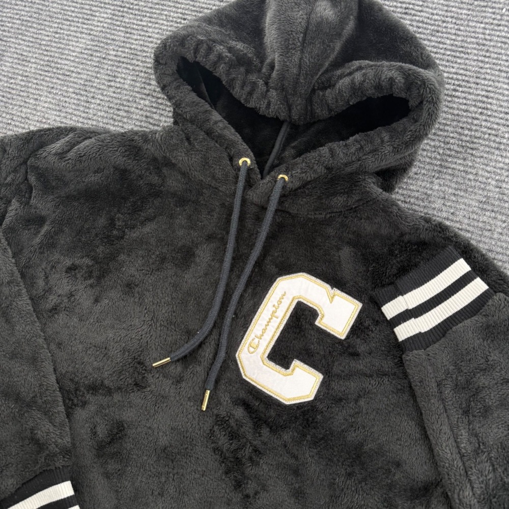 Champion Womens Medium Black Faux Fur Sherpa Cropped Hoodie Sweatshirt